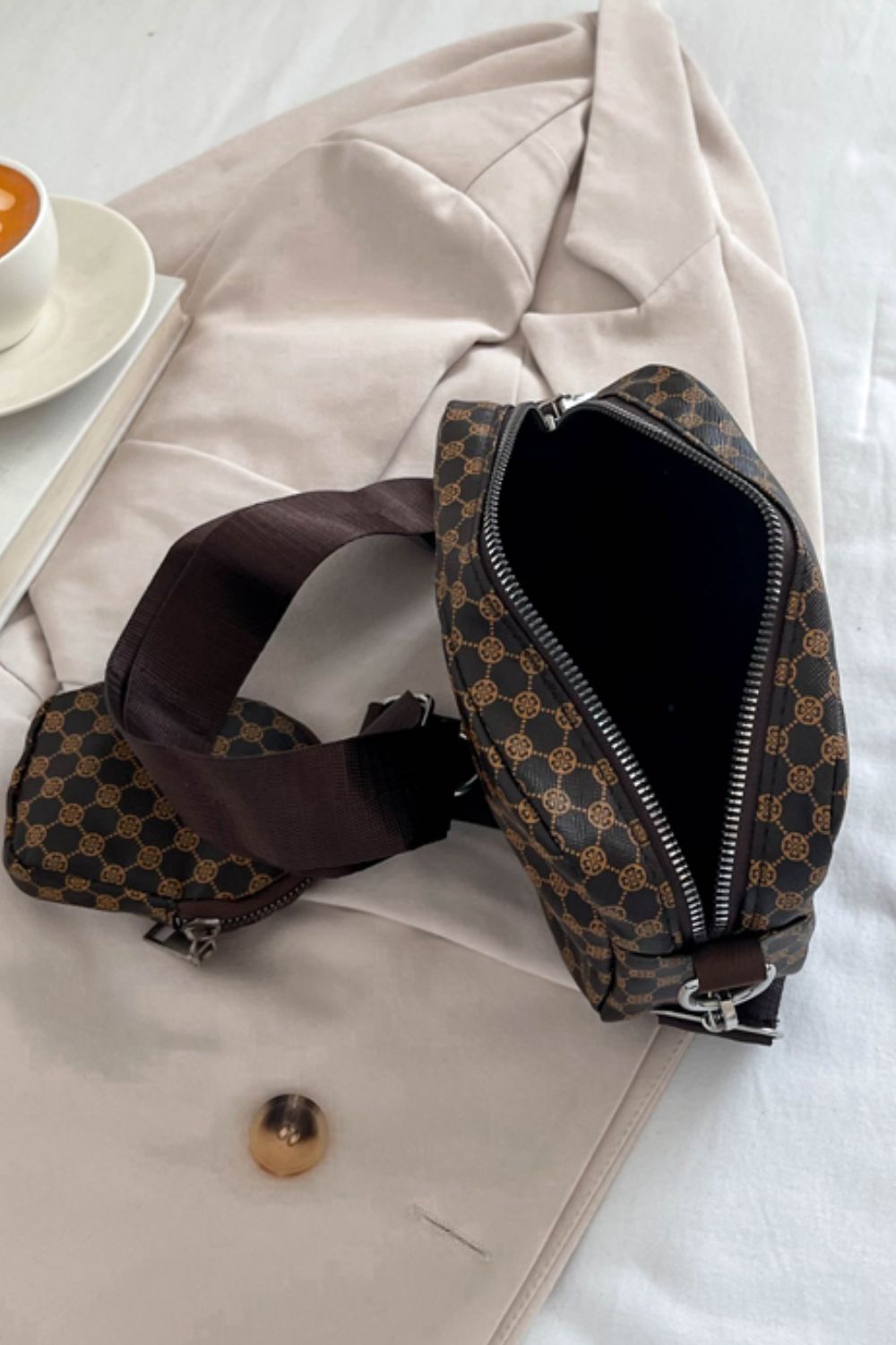 Geometric Leather Shoulder Bag with Small Purse