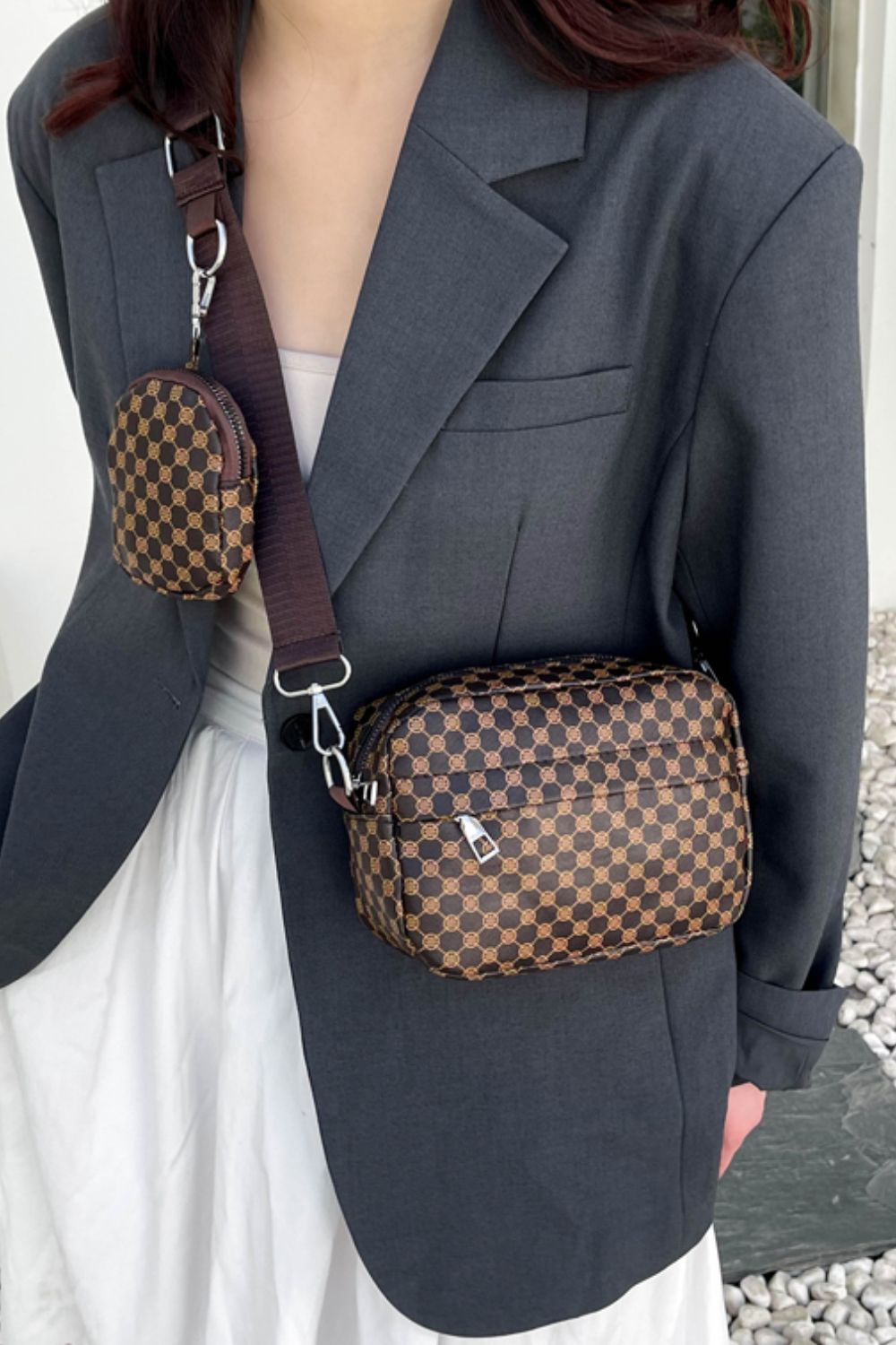 Geometric Leather Shoulder Bag with Small Purse