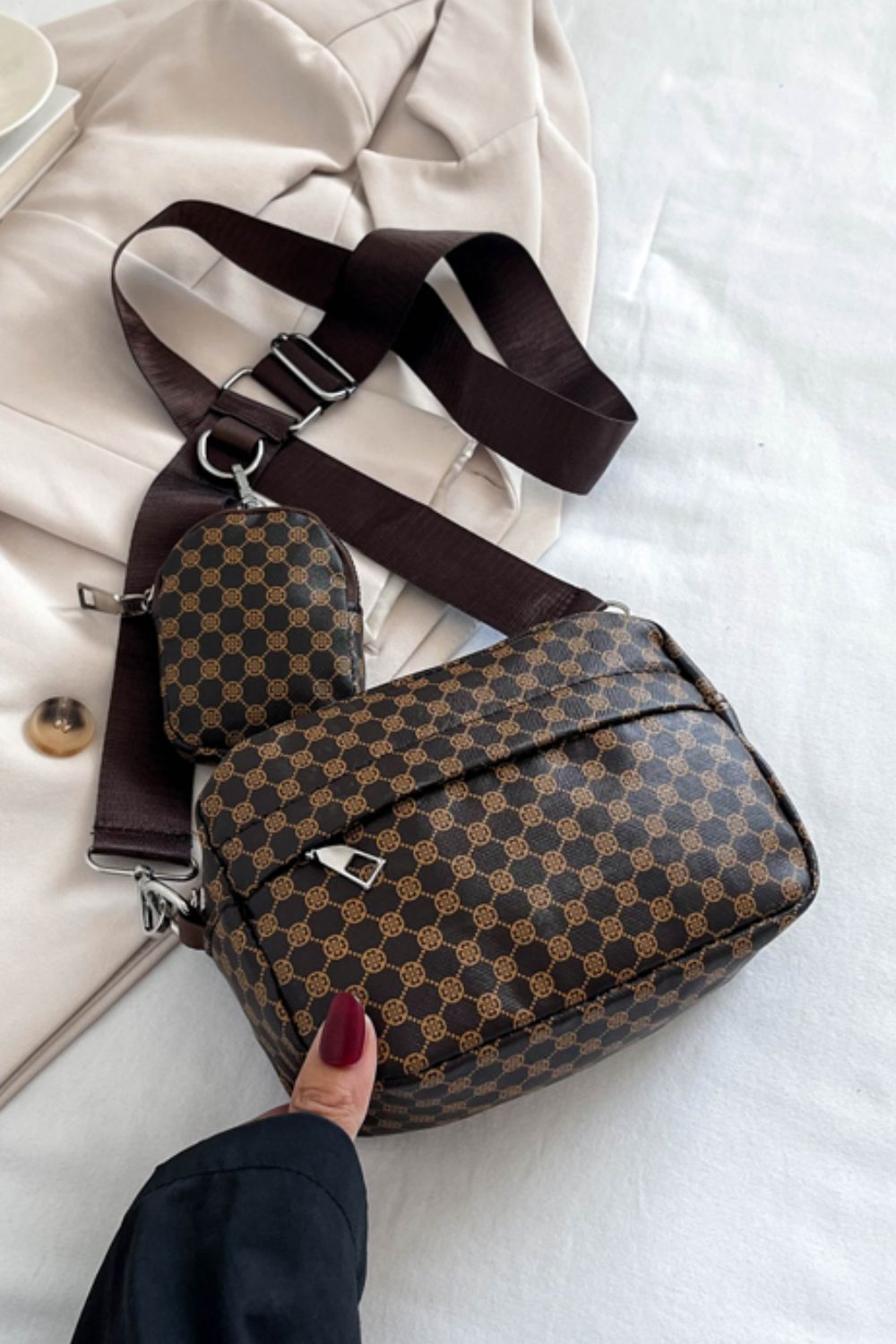 Geometric Leather Shoulder Bag with Small Purse