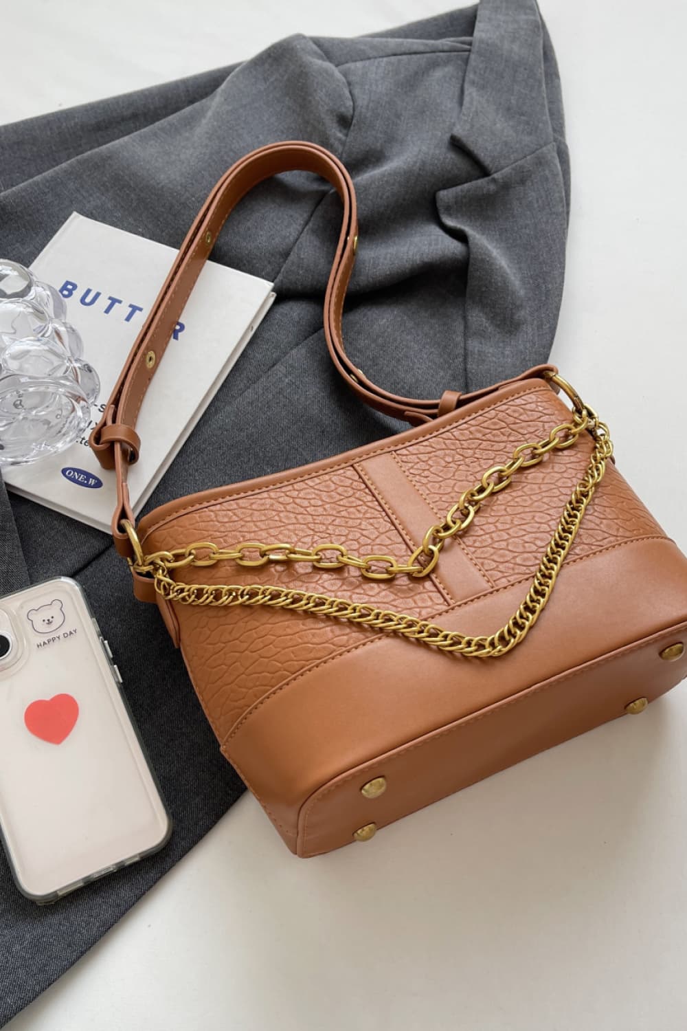 Leather Shoulder Bag with Gold Chains