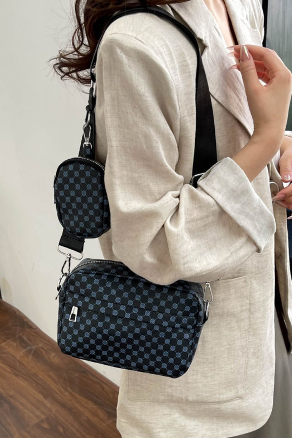 Geometric Leather Shoulder Bag with Small Purse