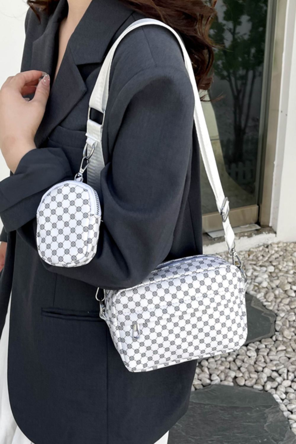 Geometric Leather Shoulder Bag with Small Purse